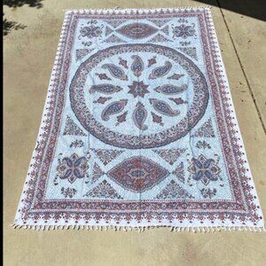 Vintage 1960s Indian Block Print Tapestry Tablecloth Cotton Blue White